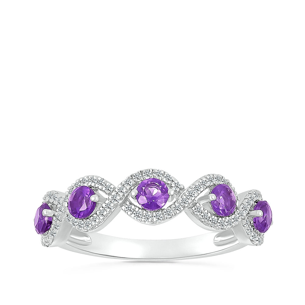 Round Amethyst & 1/5 ct. tw. Diamond Twist Stackable Ring in 10K White Gold