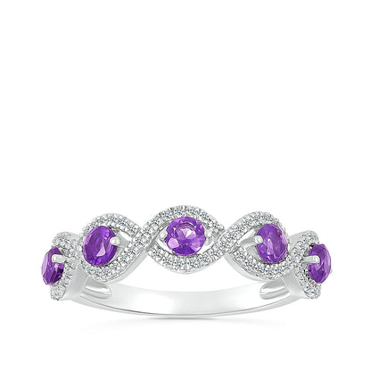 Round Amethyst & 1/5 ct. tw. Diamond Twist Stackable Ring in 10K White Gold