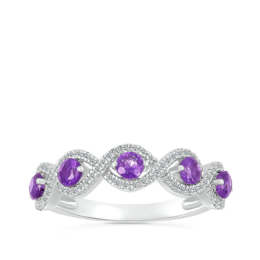 Round Amethyst & 1/5 ct. tw. Diamond Twist Stackable Ring in 10K White Gold
