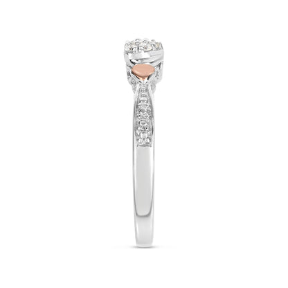 I Promise Diamond Heart-Shaped Cluster Promise Ring with Hearts in 10K White and Pink Gold close-up detail