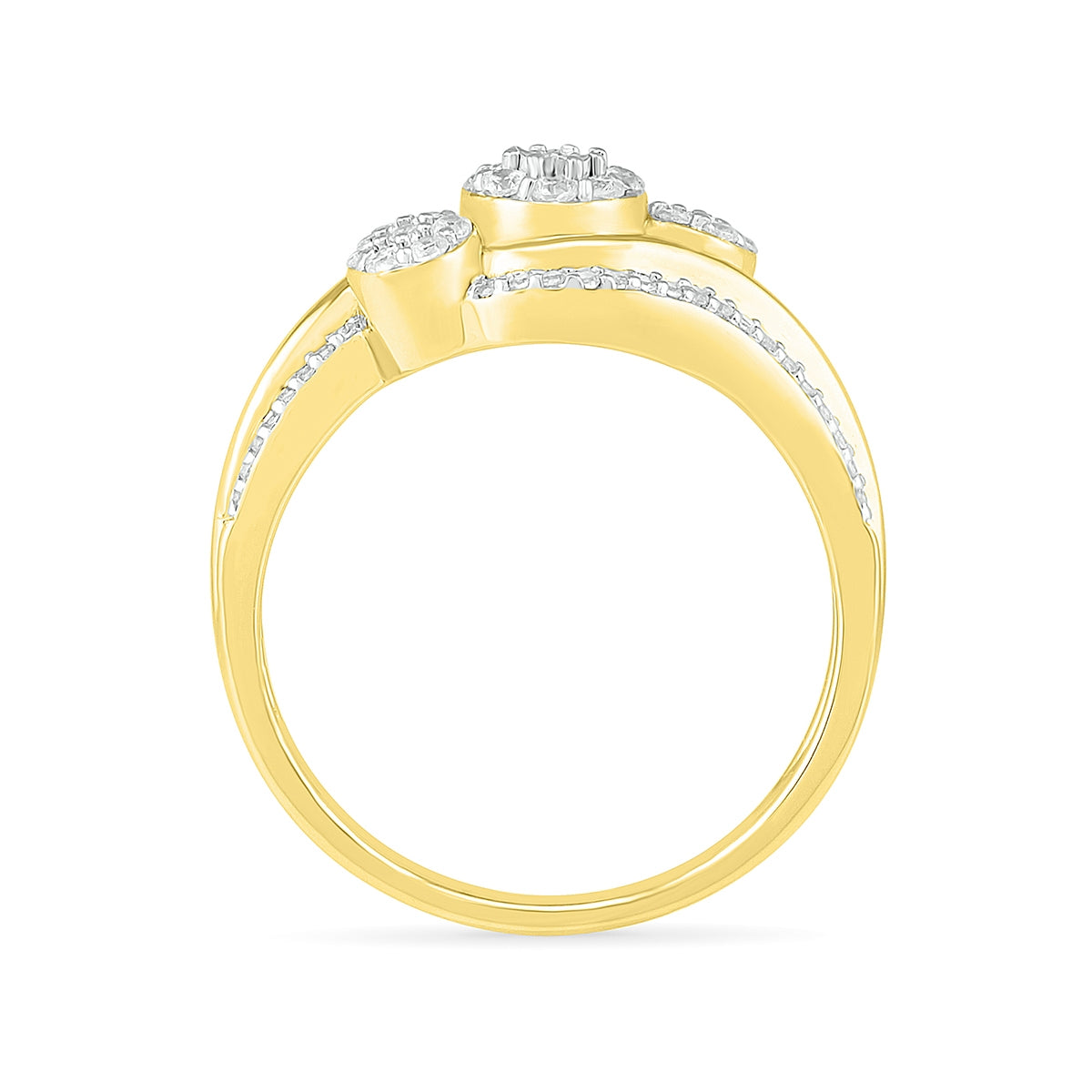 Fairytale Diamonds 3/8 ct. tw. Diamond Triple Cluster Bypass Ring with Miracle Plate in 10K Yellow Gold close-up detail