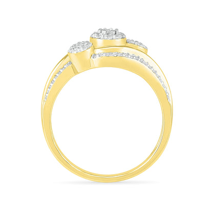 Fairytale Diamonds 3/8 ct. tw. Diamond Triple Cluster Bypass Ring with Miracle Plate in 10K Yellow Gold close-up detail