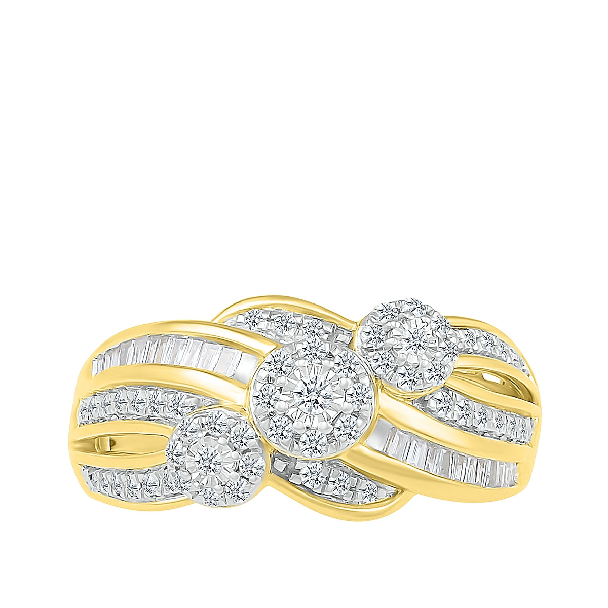 Fairytale Diamonds 1/2 ct. tw. Diamond Cluster Ring with Baguette Diamond Accents & Miracle Plates in 10K Yellow front view