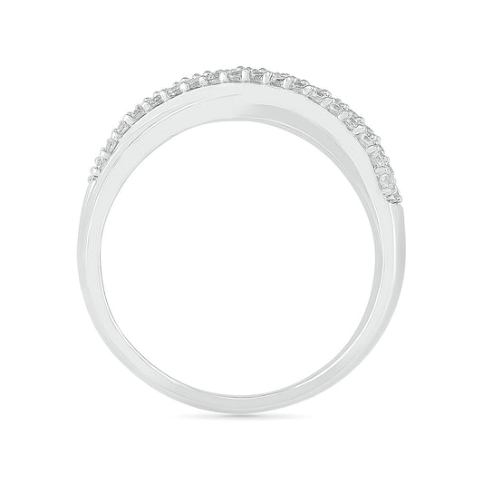 1/2 ct. tw. Diamond Multi-Row Pave Crossover Ring with Baguette Diamond Accents in 10K White Gold front view