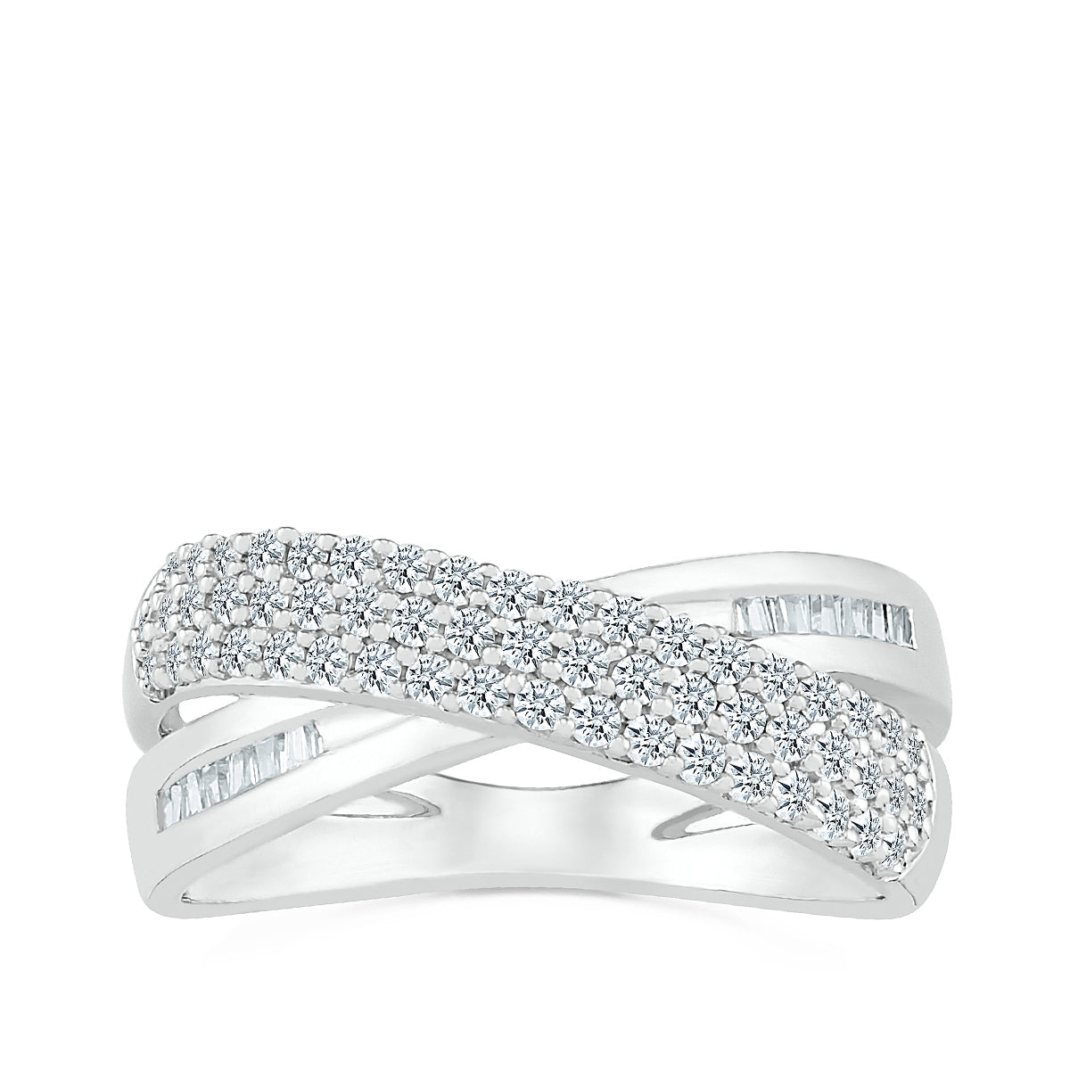 1/2 ct. tw. Diamond Multi-Row Pave Crossover Ring with Baguette Diamond Accents in 10K White Gold