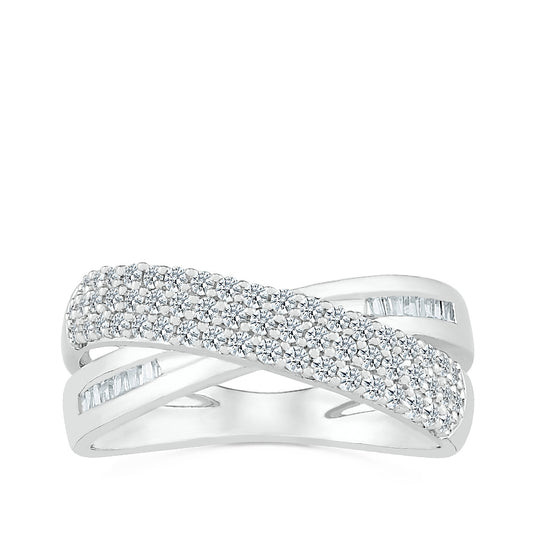 1/2 ct. tw. Diamond Multi-Row Pave Crossover Ring with Baguette Diamond Accents in 10K White Gold