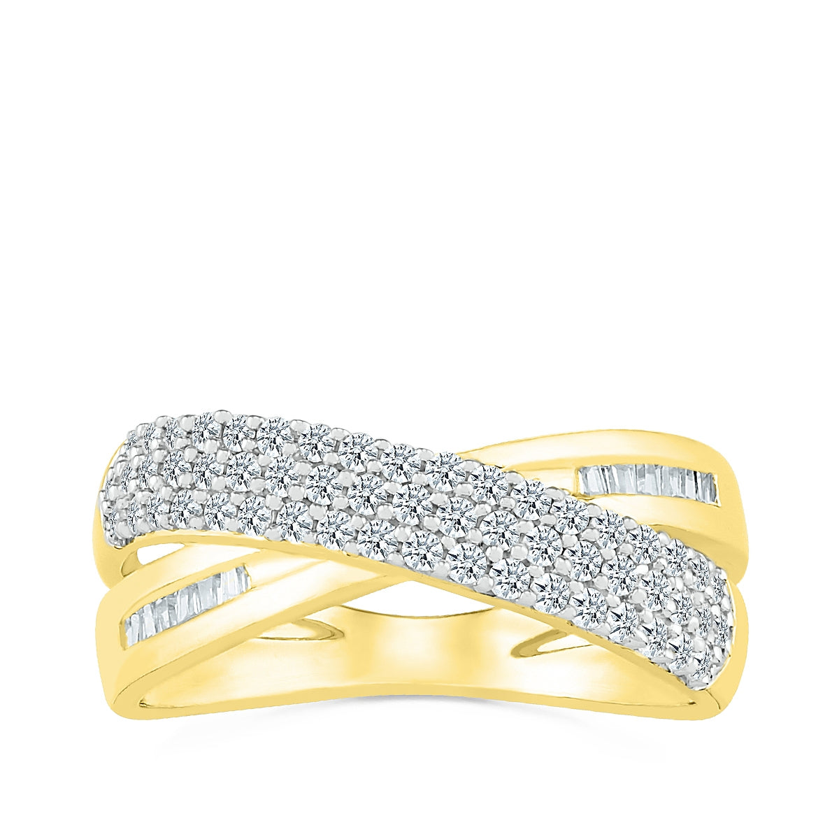 1/2 ct. tw. Diamond Multi-Row Pave Crossover Band with Baguette Diamond Accents in 10K Yellow Gold