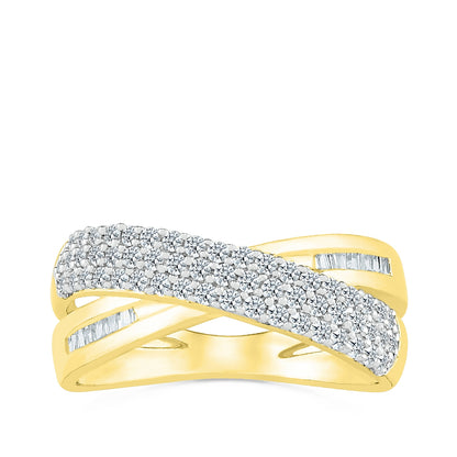 1/2 ct. tw. Diamond Multi-Row Pave Crossover Band with Baguette Diamond Accents in 10K Yellow Gold