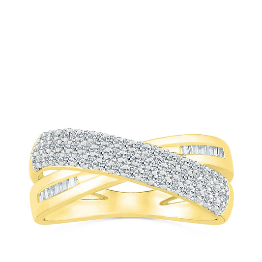1/2 ct. tw. Diamond Multi-Row Pave Crossover Band with Baguette Diamond Accents in 10K Yellow Gold