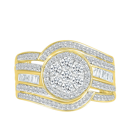 Fairytale Diamonds 1 ct. tw. Diamond Cluster Multi-Row Ring with Baguette Diamond Accents in 10K Yellow Gold front view