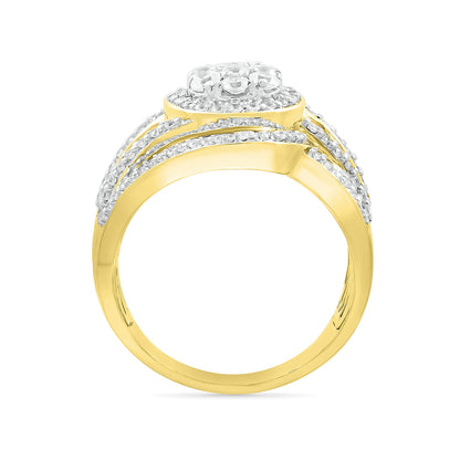Fairytale Diamonds 1 ct. tw. Diamond Cluster Multi-Row Ring with Baguette Diamond Accents in 10K Yellow Gold close-up detail