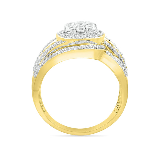Fairytale Diamonds 1 ct. tw. Diamond Cluster Multi-Row Ring with Baguette Diamond Accents in 10K Yellow Gold close-up detail