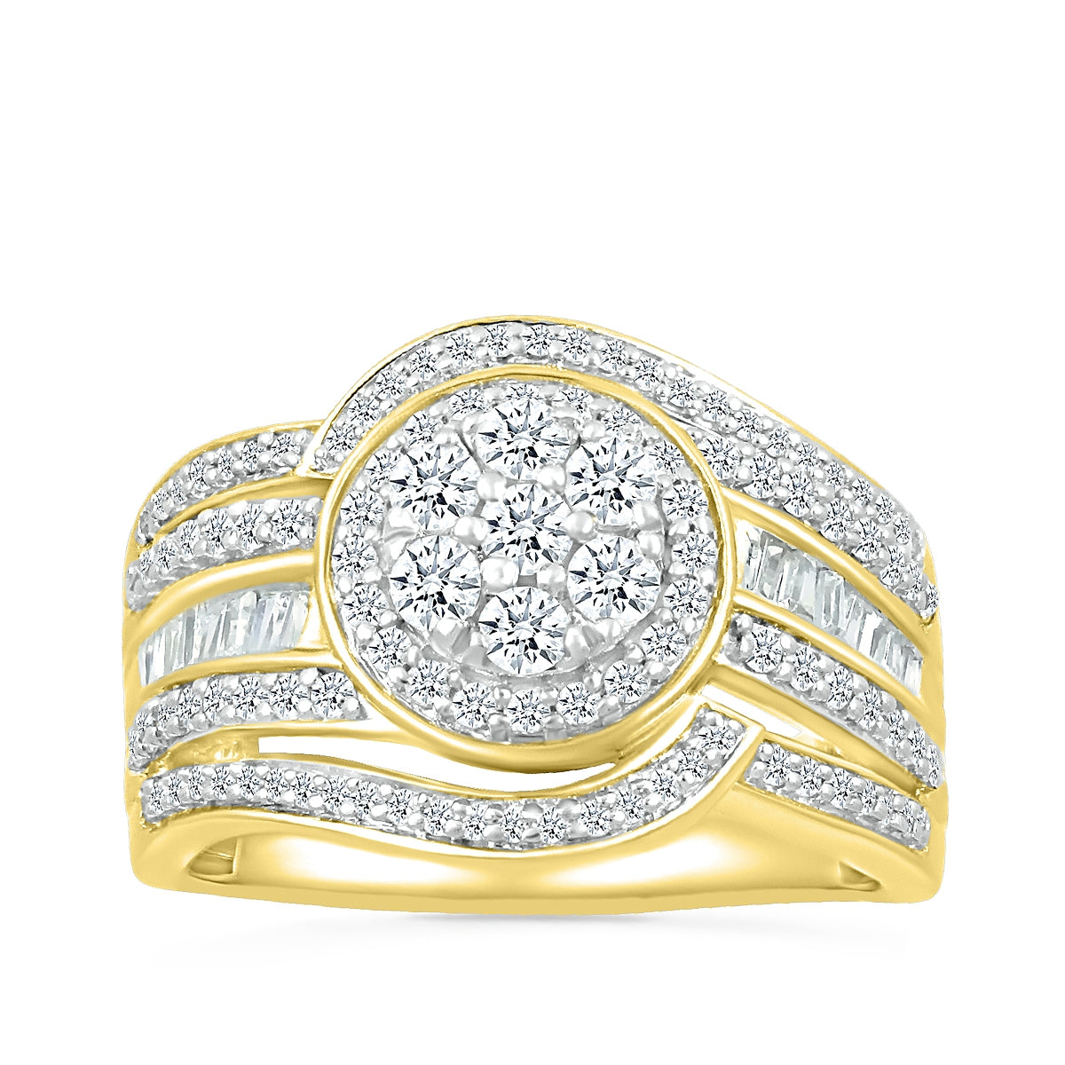 Fairytale Diamonds 1 ct. tw. Diamond Cluster Multi-Row Ring with Baguette Diamond Accents in 10K Yellow Gold