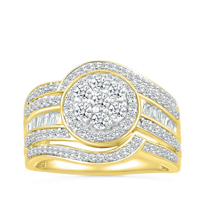 Fairytale Diamonds 1 ct. tw. Diamond Cluster Multi-Row Ring with Baguette Diamond Accents in 10K Yellow Gold