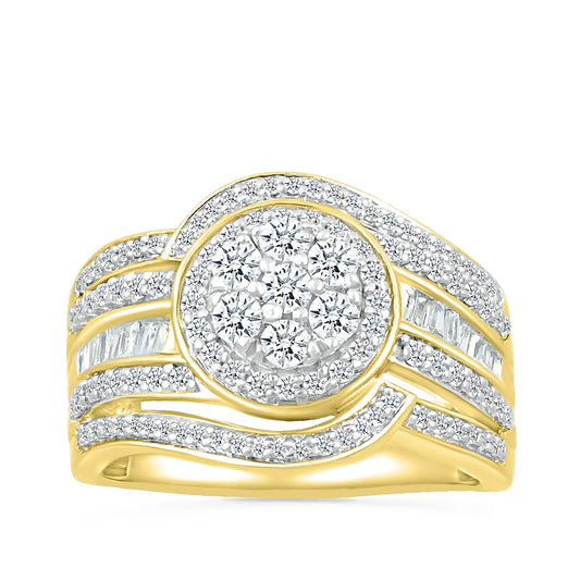 Fairytale Diamonds 1 ct. tw. Diamond Cluster Multi-Row Ring with Baguette Diamond Accents in 10K Yellow Gold