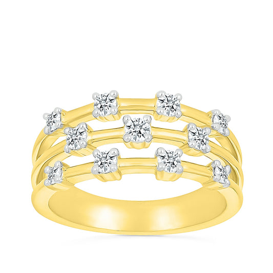 3/8 ct. tw. Diamond Triple Row Station Ring in 10K Yellow Gold