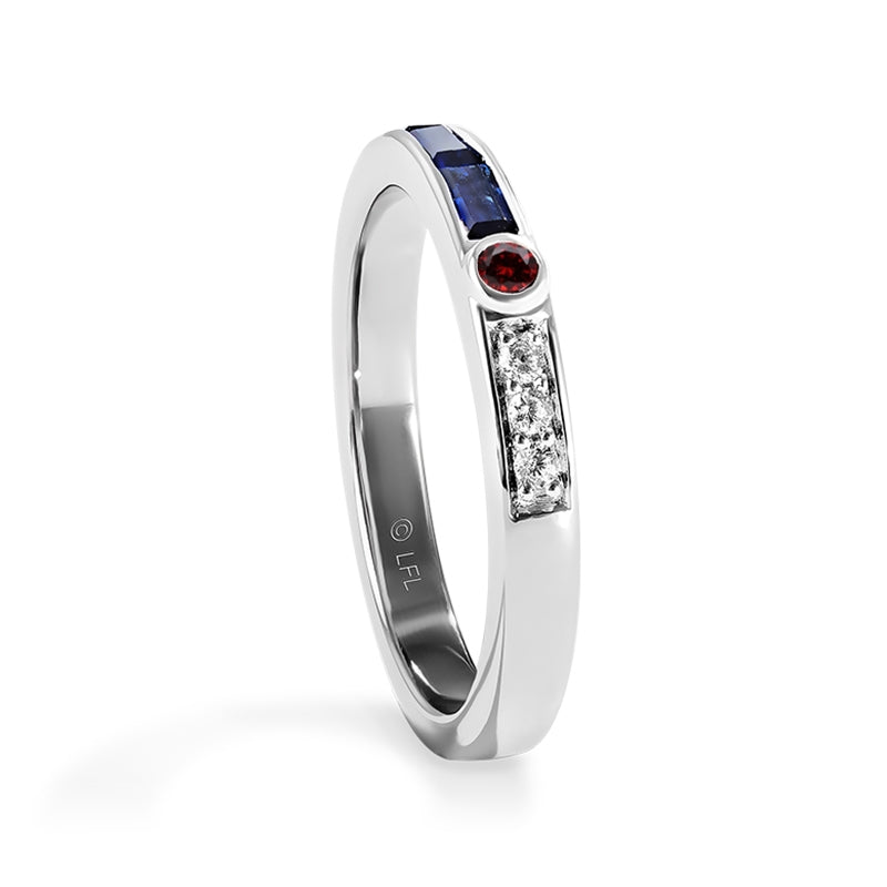 Star Wars R2 Series Baguette Sapphire with Garnet & Diamond Accent Stackable Ring in 14K White Gold front view