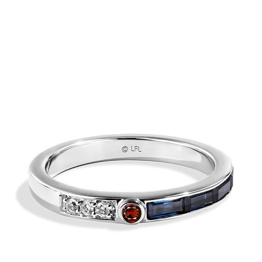 Star Wars R2 Series Baguette Sapphire with Garnet & Diamond Accent Stackable Ring in 14K White Gold close-up detail