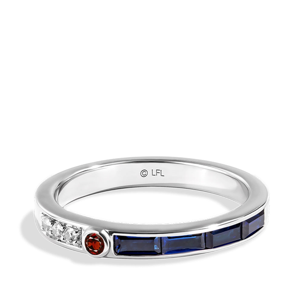 Star Wars R2 Series Baguette Sapphire with Garnet & Diamond Accent Stackable Ring in 14K White Gold
