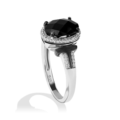 Star Wars The Mandalorian Oval Black Onyx & 1/6 ct. tw. Diamond Halo Ring with Black Rhodium Plating in Sterling front view