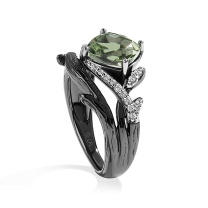 Star Wars The Dagobah Cushion Green Amethyst & 1/6 ct. tw. Diamond Ring in Black Rhodium Plated Sterling Silver front view
