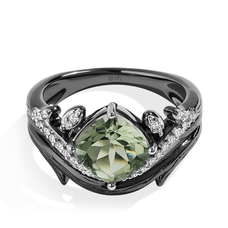 Star Wars The Dagobah Cushion Green Amethyst & 1/6 ct. tw. Diamond Ring in Black Rhodium Plated Sterling Silver