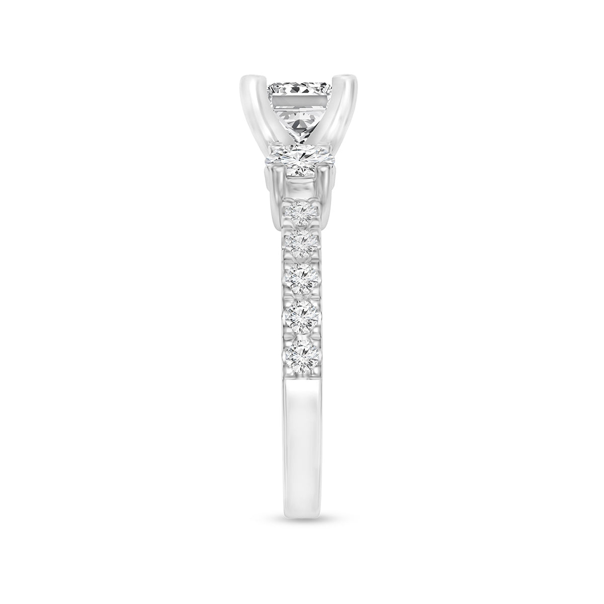1-1/2 ct. tw. Princess Cut & Round 3-Stone Diamond Engagement Ring in 14K White Gold side profile