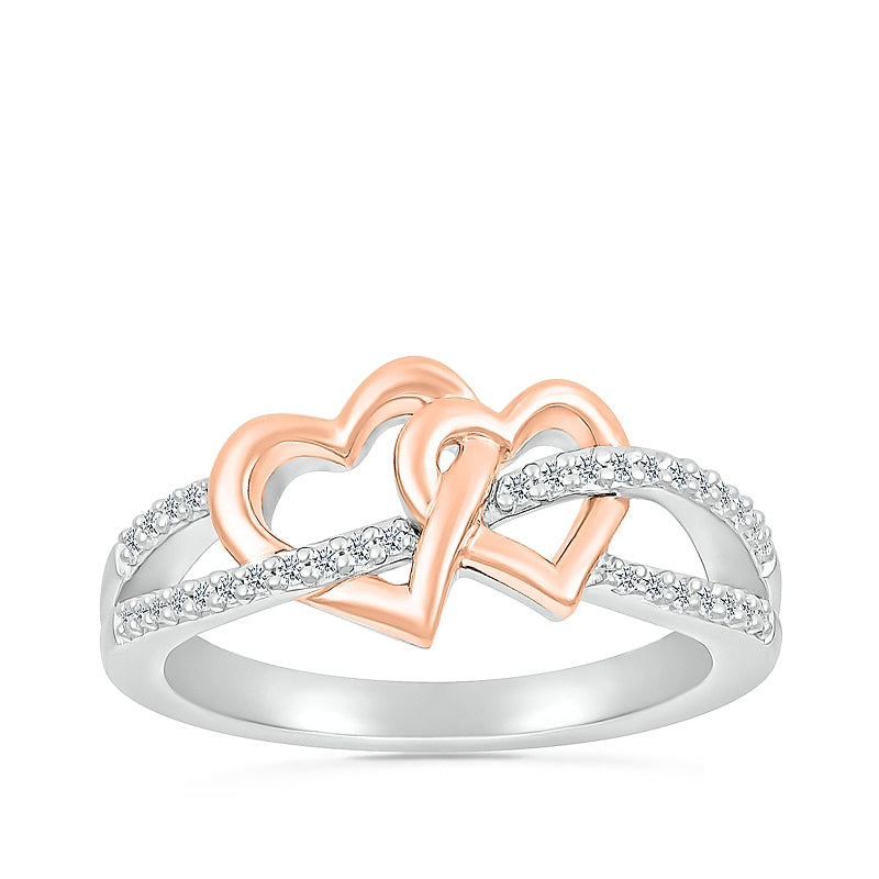 1/8 ct. tw. Diamond Linked Double Open Heart Ring in Sterling Silver & 10K Pink Gold
