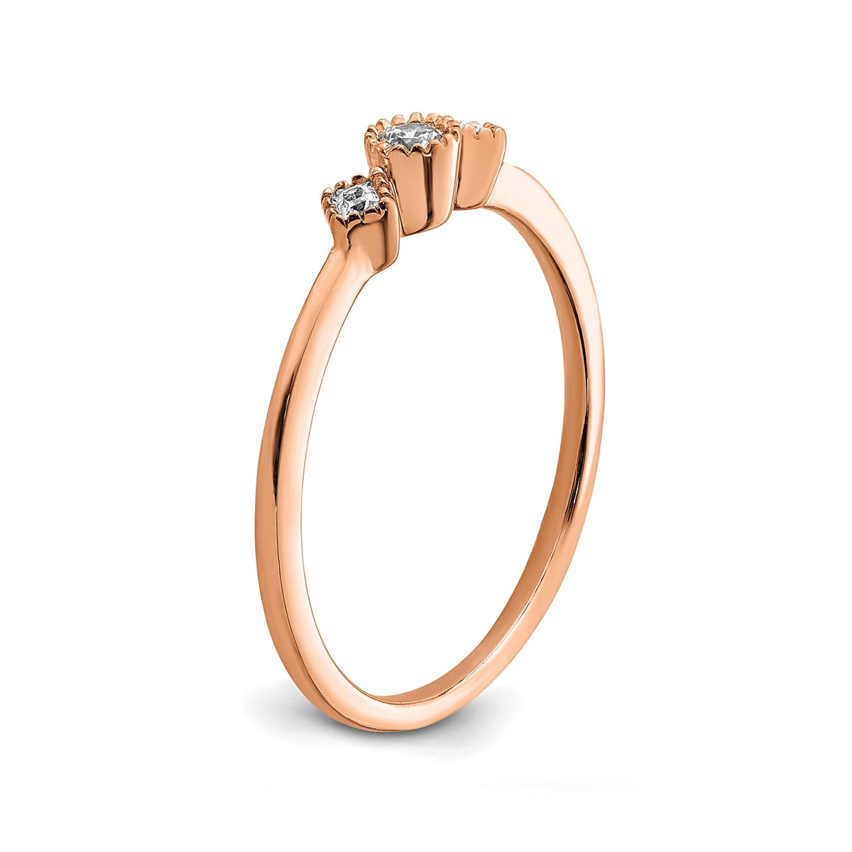 1/10 ct. tw. 3-Stone Diamond Milgrain Stackable Ring in 10K Pink Gold front view