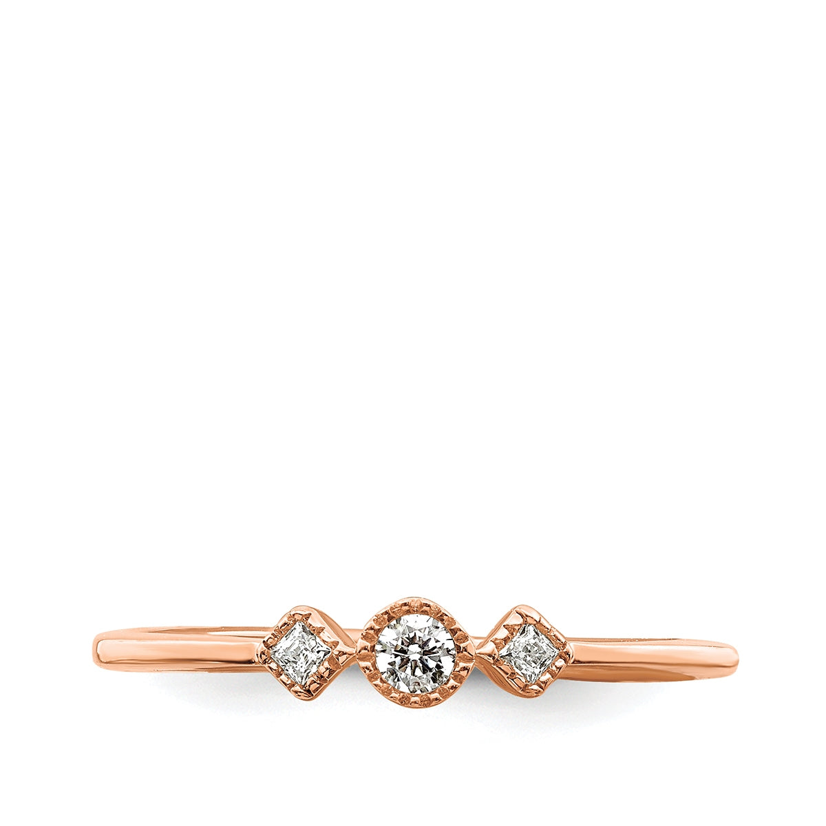 1/10 ct. tw. 3-Stone Diamond Milgrain Stackable Ring in 10K Pink Gold close-up detail