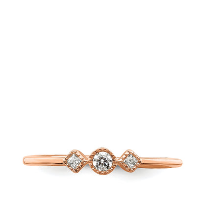 1/10 ct. tw. 3-Stone Diamond Milgrain Stackable Ring in 10K Pink Gold close-up detail