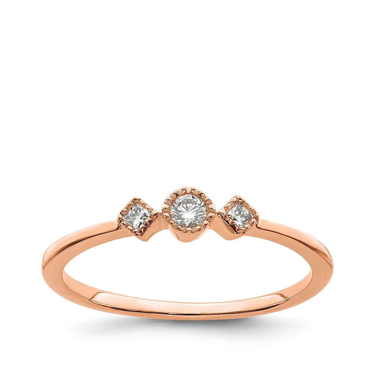 1/10 ct. tw. 3-Stone Diamond Milgrain Stackable Ring in 10K Pink Gold