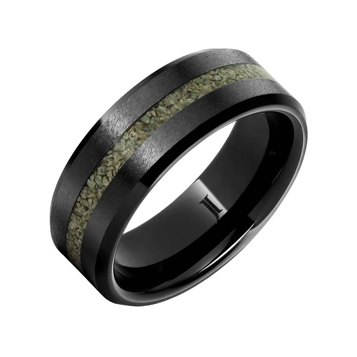 Men's 8mm Green Grain Dinosaur Bone Inlay Wedding Ring in Black Ceramic front view