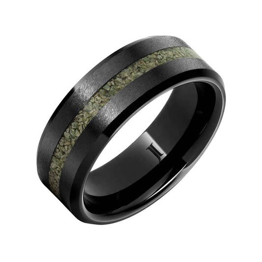 Men's 8mm Green Grain Dinosaur Bone Inlay Wedding Ring in Black Ceramic front view