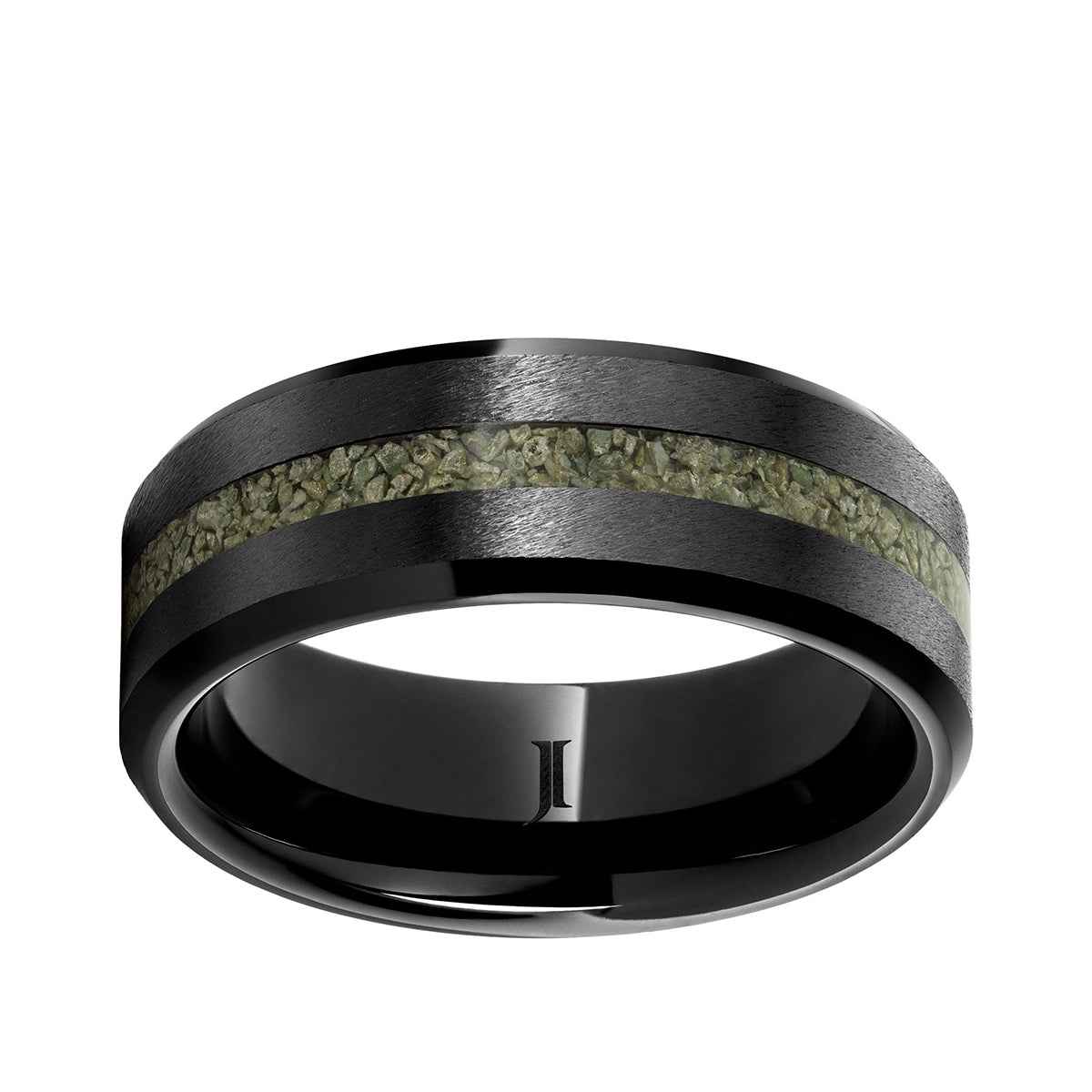 Men's 8mm Green Grain Dinosaur Bone Inlay Wedding Ring in Black Ceramic