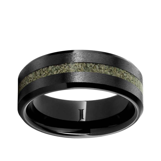 Men's 8mm Green Grain Dinosaur Bone Inlay Wedding Ring in Black Ceramic