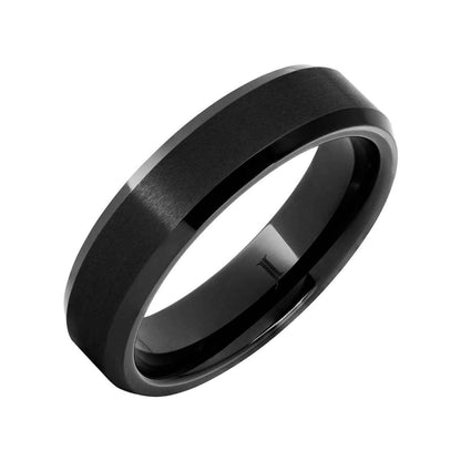 Men's 6mm Satin Finish Beveled Edge Wedding Ring in Black Ceramic front view