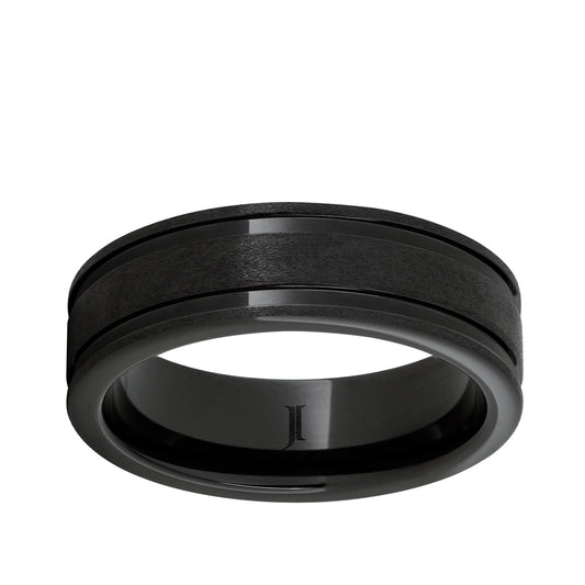 Men's Grooved Stone Finish Wedding Ring in Black Ceramic