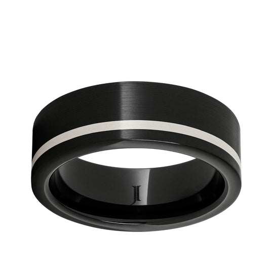 Men's Off-Center Sterling Silver Inlay Satin Finish Wedding Ring in Black Ceramic