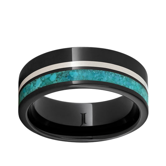 Men's Sterling Silver & Turquoise Inlay Wedding Ring in Black Ceramic