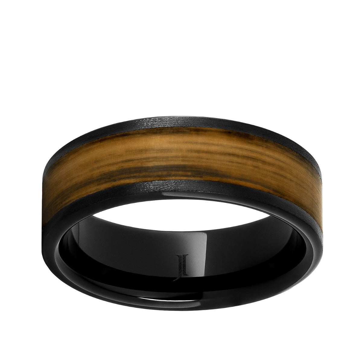 Men's 8mm Rye Wood Inlay Flat Wedding Ring in Black Ceramic