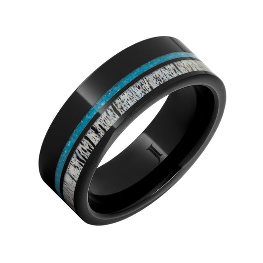 Men's 8mm Turquoise & Antler Inlay Flat Wedding Ring in Black Ceramic front view