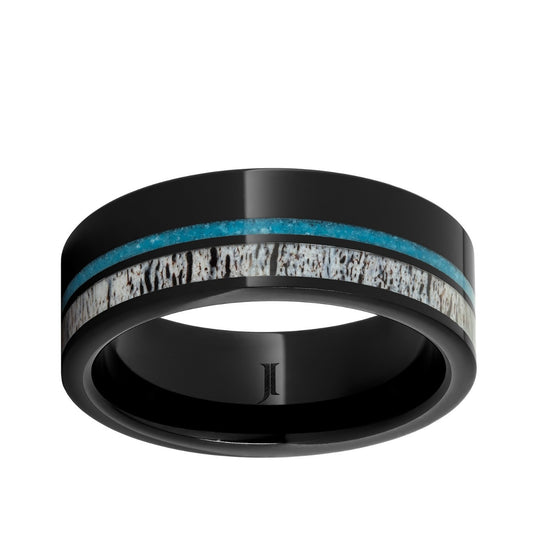 Men's 8mm Turquoise & Antler Inlay Flat Wedding Ring in Black Ceramic