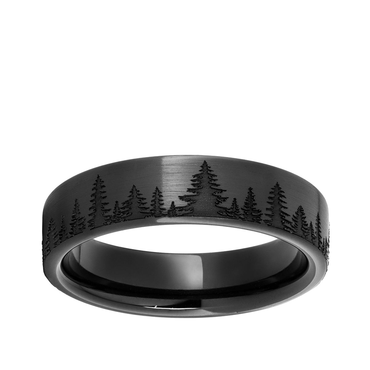 Men's Pine Forest Engraved Satin Finish Wedding Ring in Black Ceramic
