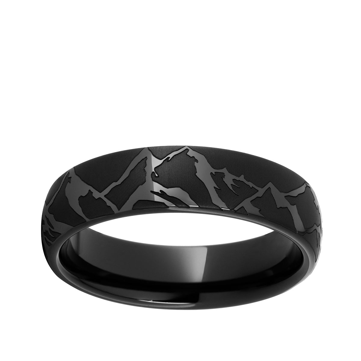 Men's Mountain Range Engraved Dome Wedding Ring in Black Ceramic