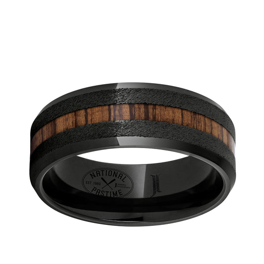 Men's Vintage Hickory Baseball Bat Wood Inlay Wedding Ring in Black Ceramic