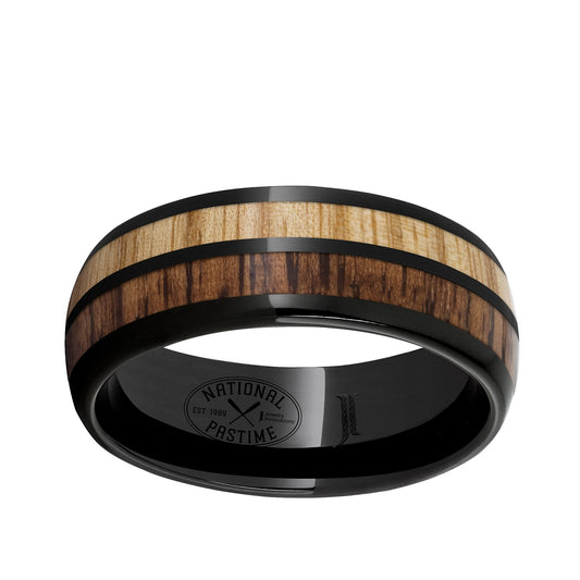 Men's Vintage Hickory & White Ash Baseball Bat Wood Inlay Wedding Ring in Black Ceramic
