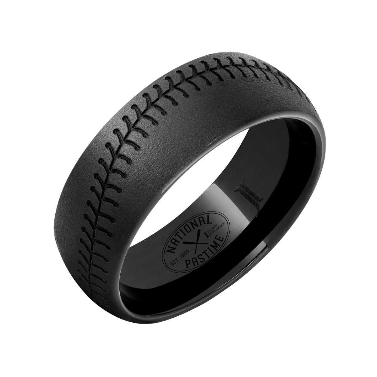Men's 8mm Baseball Stitch Engraved Dome Wedding Ring in Black Ceramic front view