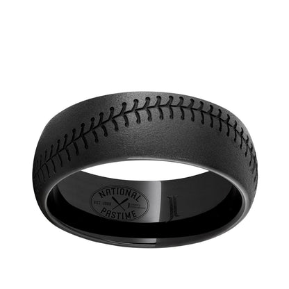 Men's 8mm Baseball Stitch Engraved Dome Wedding Ring in Black Ceramic