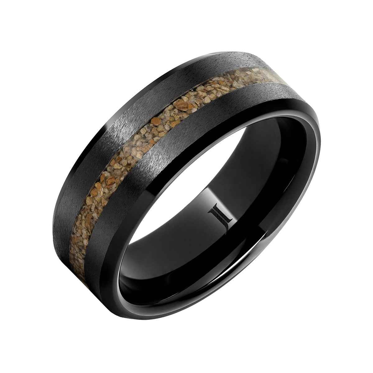 Men's 8mm Brown Grain Dinosaur Bone Inlay Wedding Ring in Black Ceramic front view